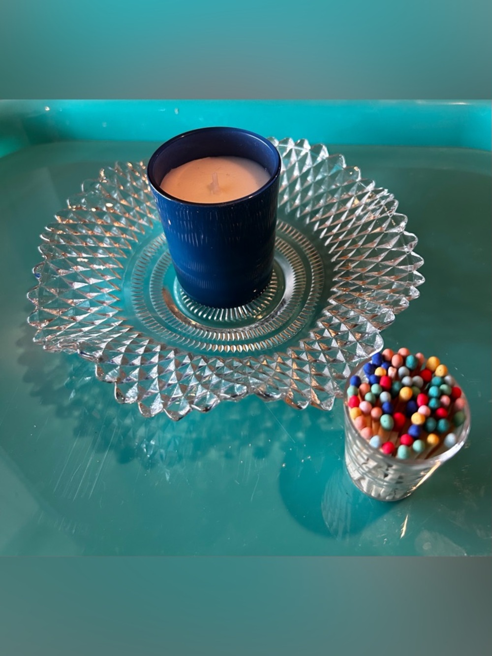 REPURPOSE Indiana glass glass diamond dish tray plate candle matches & striker